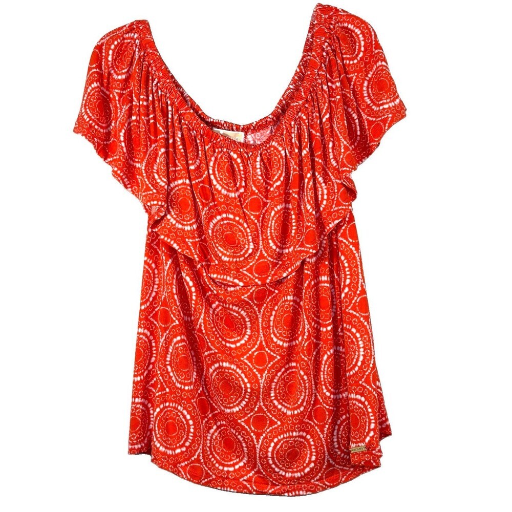 Michael Kors Off The Shoulder Ruffle Top Large Fiesta Orange Tile Print